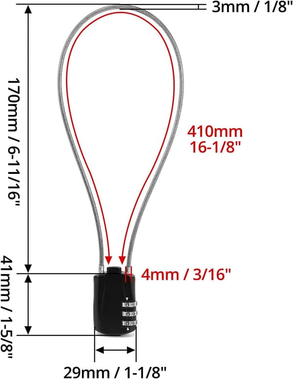Retractable Cable Lock, Digital Combination Lock with 41cm Cable for Motorcycle Bicycle Snowboard Ski Equipment Luggage, Black