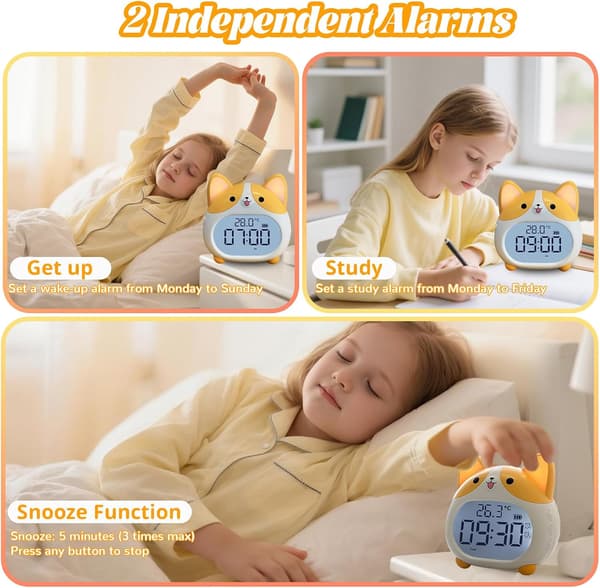 Children's Alarm Clock - with Night Light, 6 Alarm Sounds, Snooze Function, Timer, Date and Temperature Display, Rechargeable.