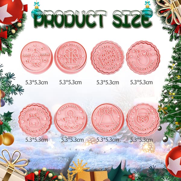 8 st Julkakformar med Stämplar Set 3D Jul Cirkelformade Kakformar Vinter Tecknade Kakstämplar Präglade för