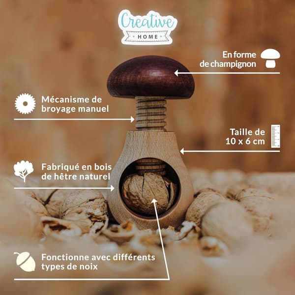 Creative Home Wooden Nutcracker | Manual Nutcracker for the Kitchen | 10 x 6 cm | Mushroom Shape | Natural Beech