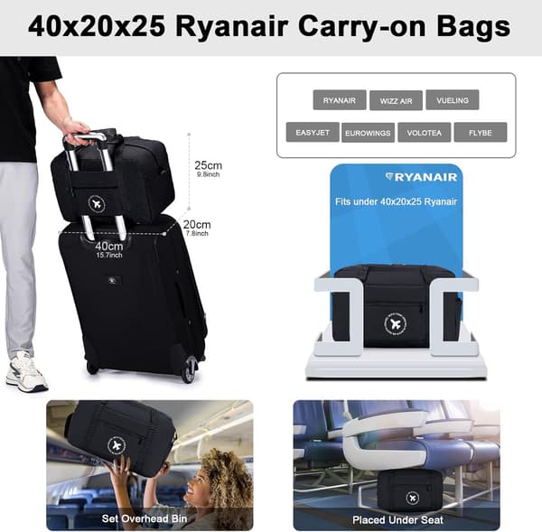 Cabin Bag 40x20x25 Suitcase 1 Pack Foldable Under Seat Waterproof Weekend Bag Lightweight Carry-on Bag with Shoulder Strap, Grey