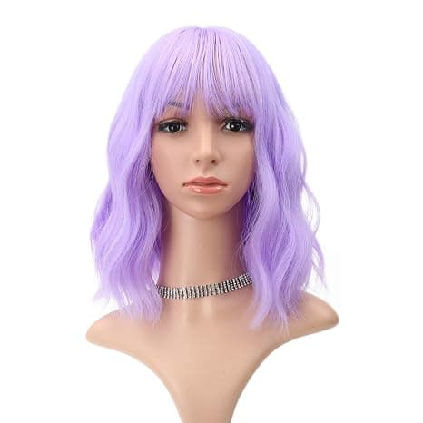 Wavy Wig Short Purple Wig with Bangs Shoulder Length Wig for