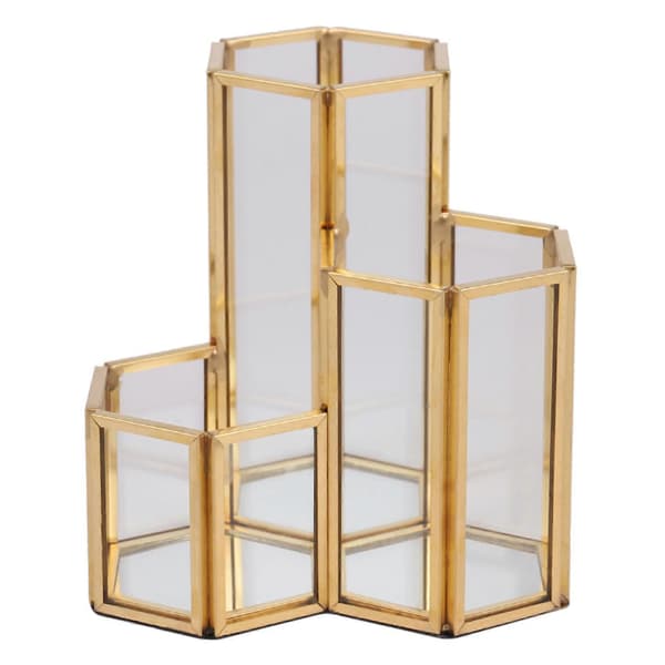 Glass Copper Hexagon Composite Pen Holder Makeup Brush Glass Box Multifunctional Desktop Organizer Off