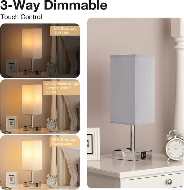 【Upgraded】Bedside Lamp with Touch Control, with USB C+A Charging Ports and Dual AC Outlets, 3-Way Dimmable Nightstand Lamp for Bedroom