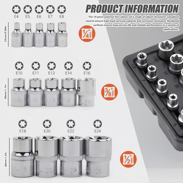 14-dele Torx E-topnøglesæt, 1/2\", 1/4\", 3/8\", udvendig, E4-E24 Torx E-toppe i CR-V, skrueudtrækker osv.