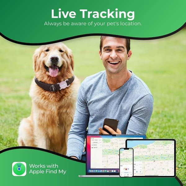 Smart Pet Tracker Dog Tracker with Black Collar Smart Tag Enables Seamless Location Tracking MFi Certified No GPS Tracking.