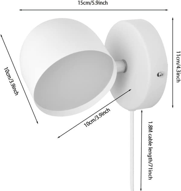 9W LED Indoor Wall Lamp with Plug, Dimmable Touch Wall Light, 360° Rotating Bedside Lamp, 3000k, White
