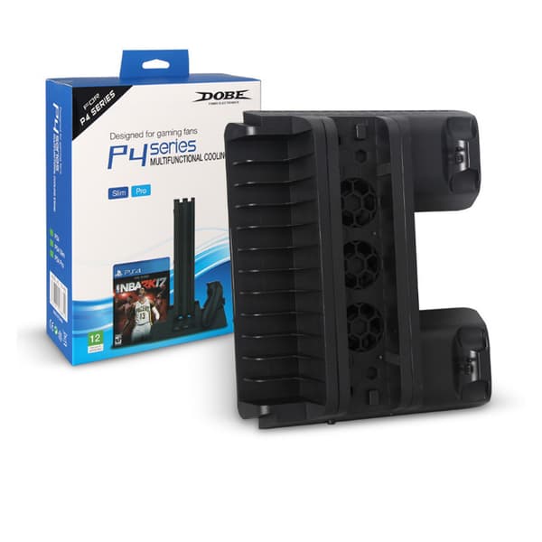 PS4/PS4 Pro/PS4 Slim Konsolstativ med 2 Controllere, Ladestation, 2 Køleblæsere