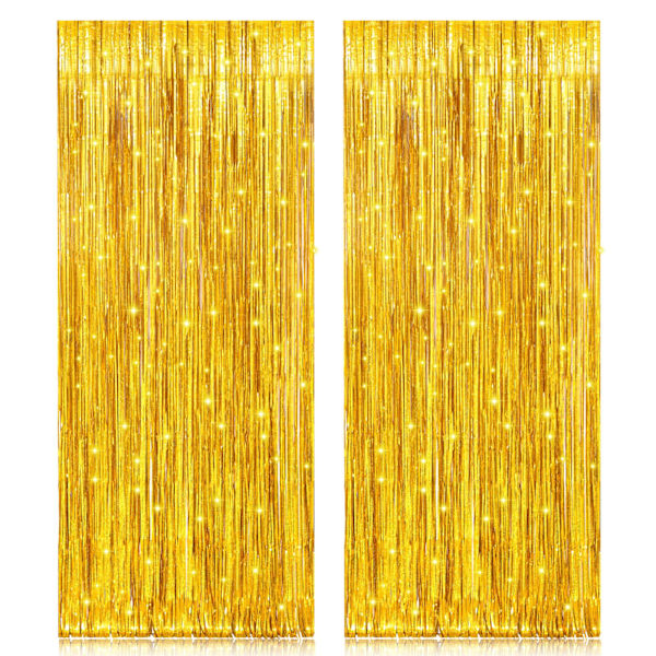 2 Pakkaa 3.2ft x 6.5ft Kultaista Metallifoliota Verhot, Suuri Laser Glitter Fringe Rain Curtain Valokuva Booth Tausta Tinsel Curtain
