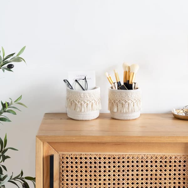 Set med 2 Mini Sminkborstförvaringskorgar - Bohemisk Stil - Elfenben