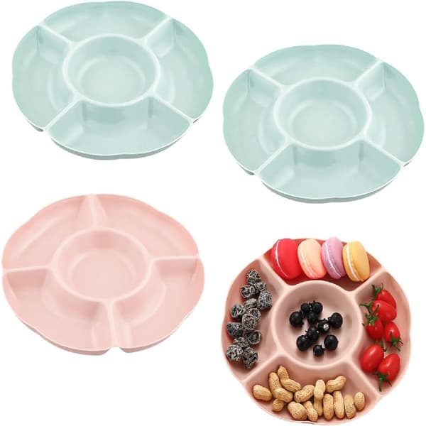 Reusable Snack Plates, Snack Tray, Fruit Platter with 5 Compartments, Tray for Storing Candy, Snacks, Nuts, Fruits, 4 Pieces