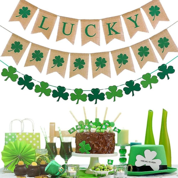 3 stk. St. Patrick's Day Banner Kløverkrans Lykkebanner Burlap Irsk Krans Grønn Firekløver