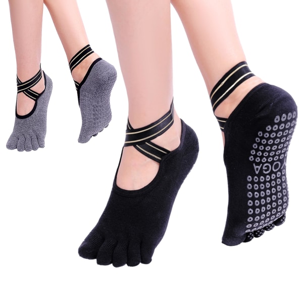 2 par femtå yoga-grebssokker til kvinder, Pilates skridsikre sokker, perfekt til yoga, pilates, størrelse 5-10 (grå+sort)