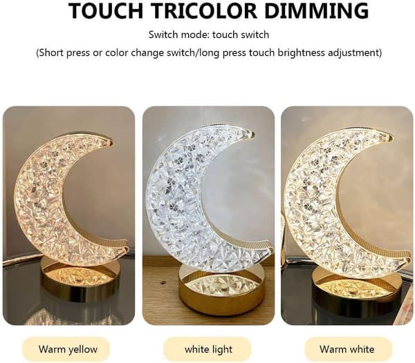 BomKra Crystal Moon LED Table Lamp Touch Control Decorative Romantic Night Light USB Rechargeable Atmosphere Bedside Lamp with 3 Levels