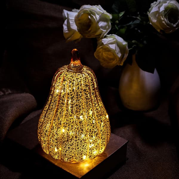 Halloween Glass Pumpkin Lantern with Timer for Autumn Decoration, 14 x 22 cm
