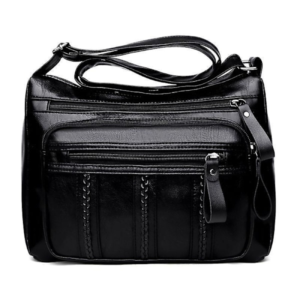 Handväska Casual Damväska Mjukt PU Läder Axelremsväska Högkvalitativ Flerfacks Axelväska Enfärgad Dam Crossbody Väska (29x21x11cm, svart)