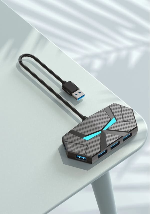 USB 3.0 Hub 7-Port Splitter with USB C Power Input, 1.2m Extension Cable, White LED Light for Laptop, Desktop, USB Drives