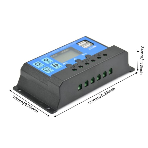 30A Solcelleladningsregulator, Solcellepanelladningsregulator 12V/24V, Multifunksjonell Justerbar LCD-skjerm med Dobbel USB-port Timer