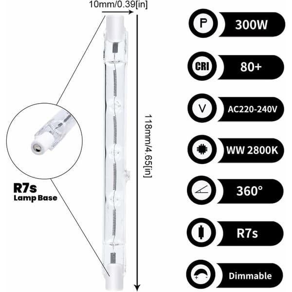 118mm R7s Dimmable Halogen Bulb 300W Warm White 2800K R7s Linear 3000lm AC220-240V Linear Halogen Spotlight (5pcs)