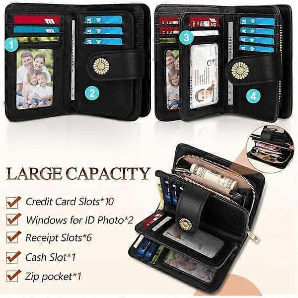 Women's Leather Wallets, Medium RFID Blocking Wallet, Foldable Compact Women's Wallet with Pocket, Girls' Multi-Compartment Wallet