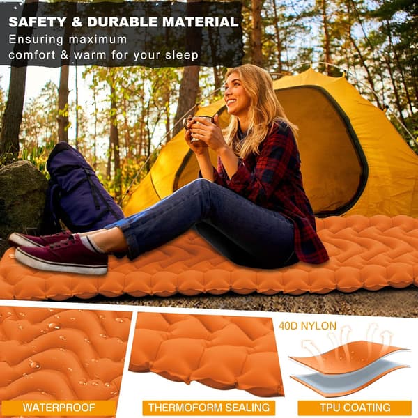 Camping Sleeping Pad, Ultralight Camping Mat with Built-in Foot Pump Inflatable Sleeping Pad - Orange