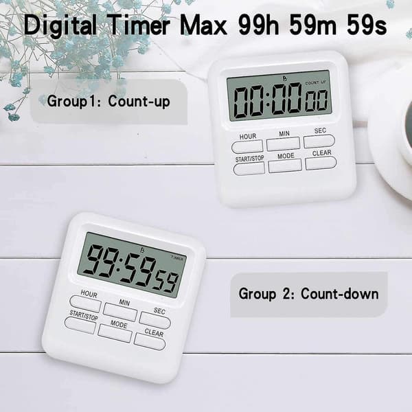 Digital timer med 3-i-1 ur/alarmfunktion, magnetisk køkkentimer, nedtællingstimer, køkken-/studie-/sportstidsstyring (hvid)