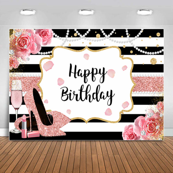 5x3ft Pink Floral Happy Birthday Backdrop for Women Glitter Rose Gold High Heel Champagne Photography Background Black White