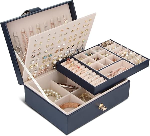 Jewelry Box Storage for Necklaces Earrings Bracelets Rings Large PU Leather with 3-Layer Stackable Jewelry Box Stand Blue Blue