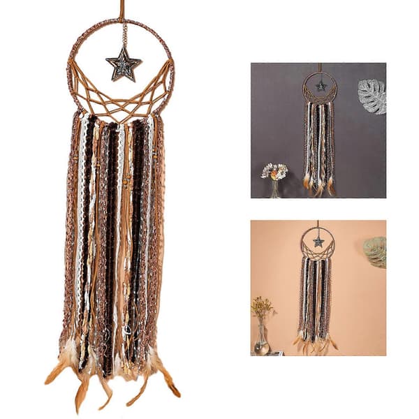 Handmade Dream Catcher Wind Chime Hanging Pendant Dreamcatcher Home Wall Decorations with Feathers Dark Brown
