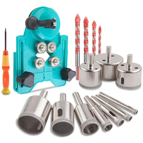 Diamond Drill Bit Set, Hole Saw Set with 10 Hole Saws (6-50mm), Drill Hole Guide, 4 Glass Drills