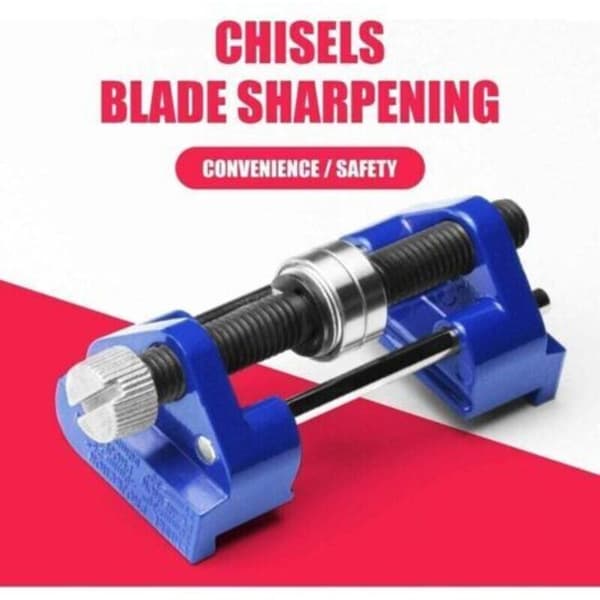 Slipguide - Rustfritt stål - Sideklemming - Fast vinkel - Med rulle for tremeisler, høvelblader, flate meisler - Blå