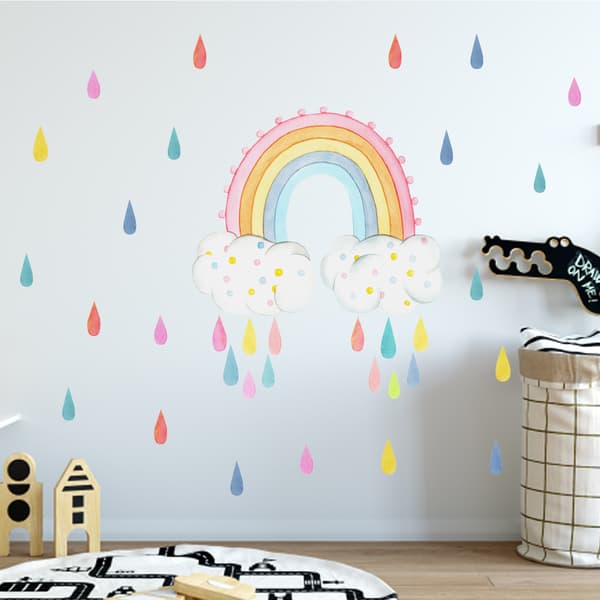 1 st färgglad regnbåge moln regn väggdekal, väggdekal för barn/barnrum, DIY regnbåge väggdekal för flickrumsinredning