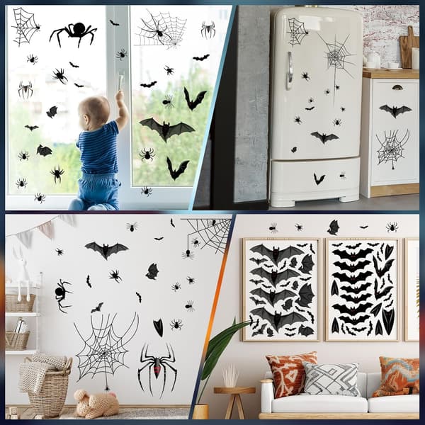 Spooky Halloween Decor: Bat and Spider Stickers - 120 Pcs Removable Decals for Walls, Windows, Home, and Office