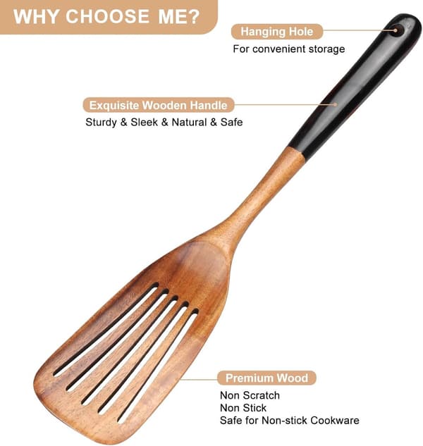 Wooden Spatula Set - 2 Kitchen Utensils, Teak Turner and Spatula, Safe for Non-Stick Coating