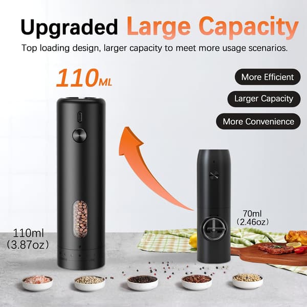 Electric Pepper Grinder, USB-C Rechargeable, Automatic Pepper Mill with 110ml Container [LED Light], External Adjustable Coarseness, One-Hand Operation