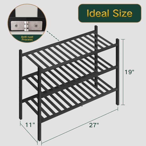 3-Tier Shoe Rack for Closet, Stackable Bamboo Shoe Rack for Entryway, Hallway, Bathroom, Versatile Freestanding Shoe Shelf Black