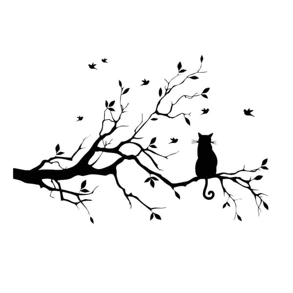 Black Tree Branches Wall Stickers Nursery Leaves, DIY Removable Vinyl Wall Art Decal Mural Home Decor (Cat)