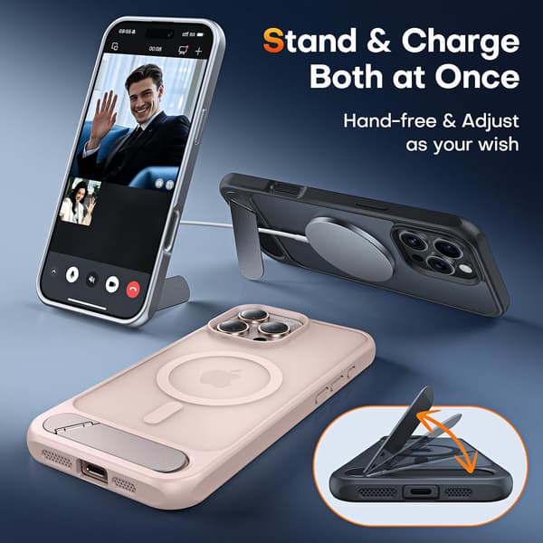 iPhone 16 Pro 6.3 \" Case with Stand, MagSafe Compatible, Military Grade Protection, Transparent Matte Back Kickstand Shockproof Case - Silver