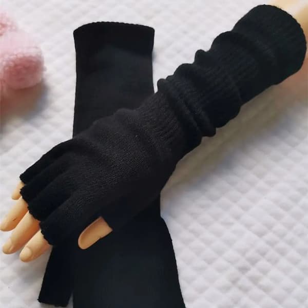 1 par lange strikkede unisex halvfingerhandsker damer piger efterår vinter armvarmere ren sort albuelange varme arbejdshandsker