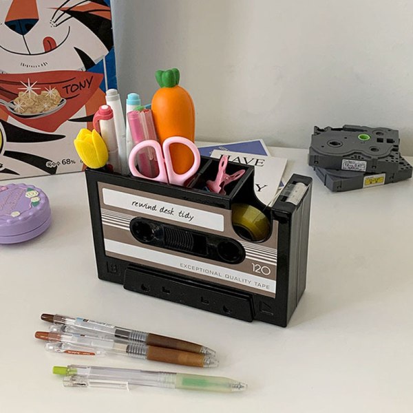 Creative selvklebende penneholderveske, retro kassettbånddispenser vase børstepotte, populær blyantskrivebordsamling Ryddig Organiser