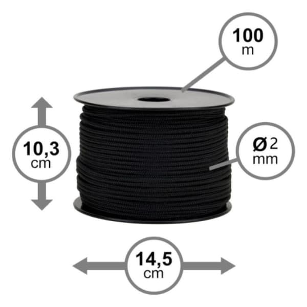 mm diameter, 100 m spole, flettet sort polypropylenreb til udendørs brug, surringer og havearbejde