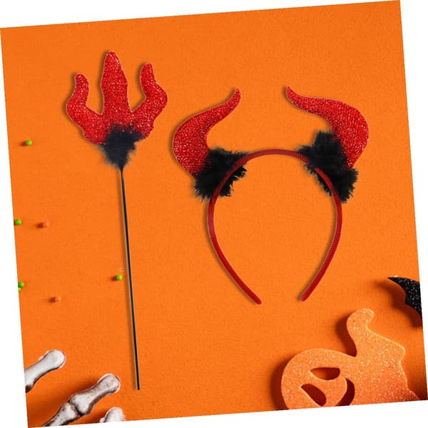 4 Sets Halloween Set Demon Horns Kit Spooky Headband and Trident Staff