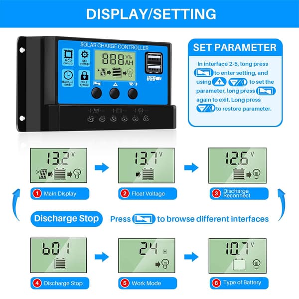 wxsp 30 A 12 V/24 V solcelle-styreenhed, laderegulator med 5 V dobbelt USB-port og timerindstilling, LCD-display til solpanel, batterilampe