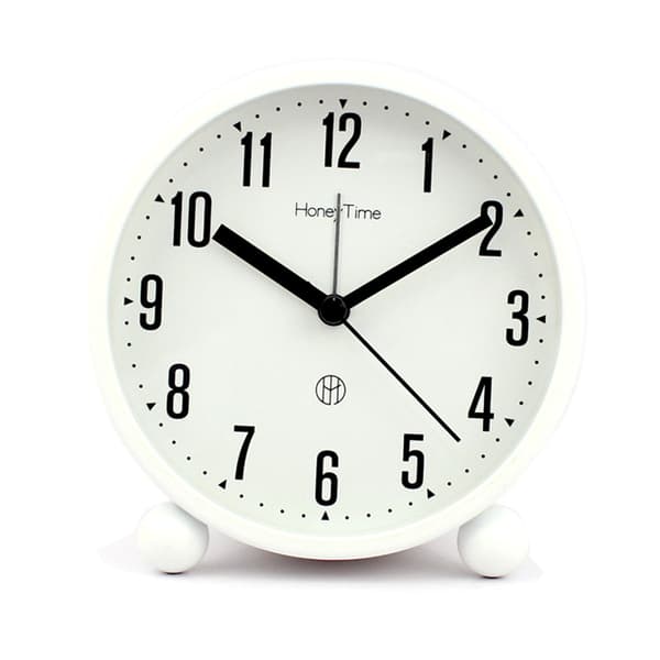 Round Alarm Clock, Non-Ticking, Battery Operated with Light Function, Super Silent Alarm White