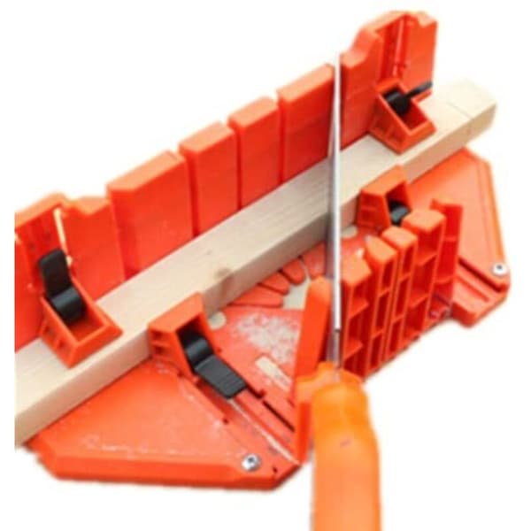 Miter box with saw guide, for cutting angles of 0°, 22.5°, 45° and 90°, designed for construction work.