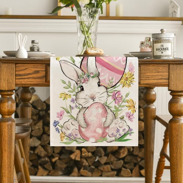 Table Runner with Rabbit, Eggs and Flowers for Easter, Seasonal Spring Kitchen Table Decoration 33x183 cm
