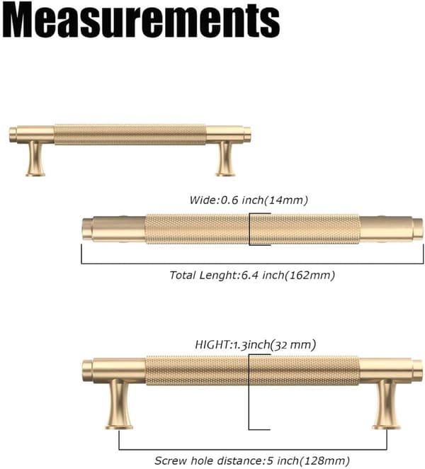 2 Cabinet Handles - Hole Spacing 5\"/128mm - Serrated Kitchen Drawer Pulls - Gold - 162*14.5*32 mm