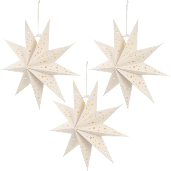 3 st Pappersstjärna lykta lampskärm 9 spetsiga stjärna papperslyktor hängande dekorationer för nyårsbröllopsfest, vit