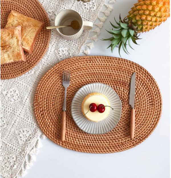 Rattan Placemat Set - Natural Heat Resistant Table Mats (15.7x11.8 inch)-FA-