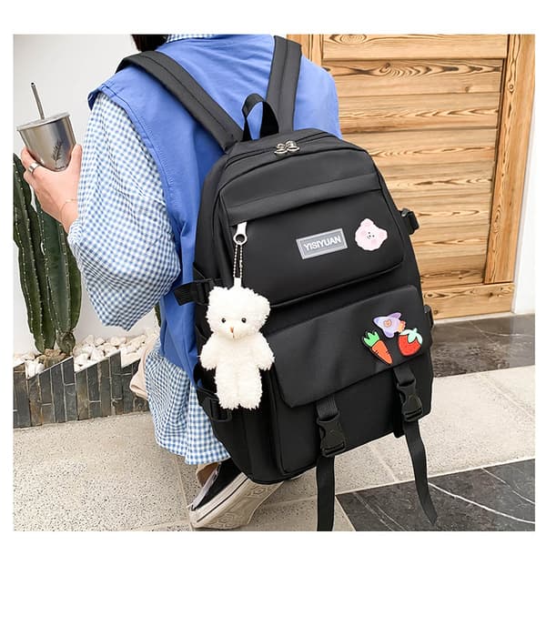 Five-piece School Bag Large Capacity Shoulder Bag Includes Bear Pendant-389 Black